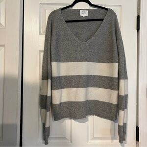 Pomegranate Merino Wool Cashmere V Neck Gray Cream Striped Sweater Large